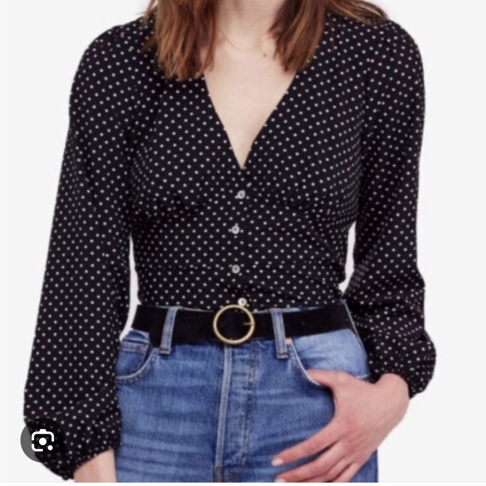 Free People Black Polka Dot Button-Front Blouse EUC
